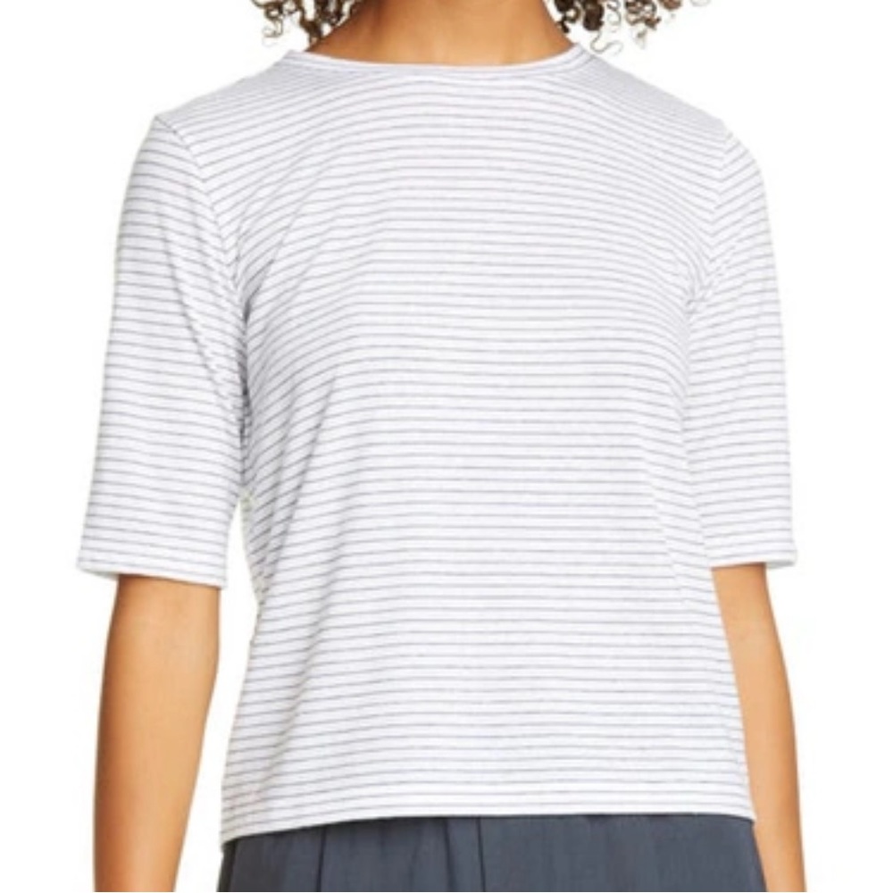 Vince Striped Boxy Elbow Sleeve Tee T Shirt Crew Neck Blue White Large